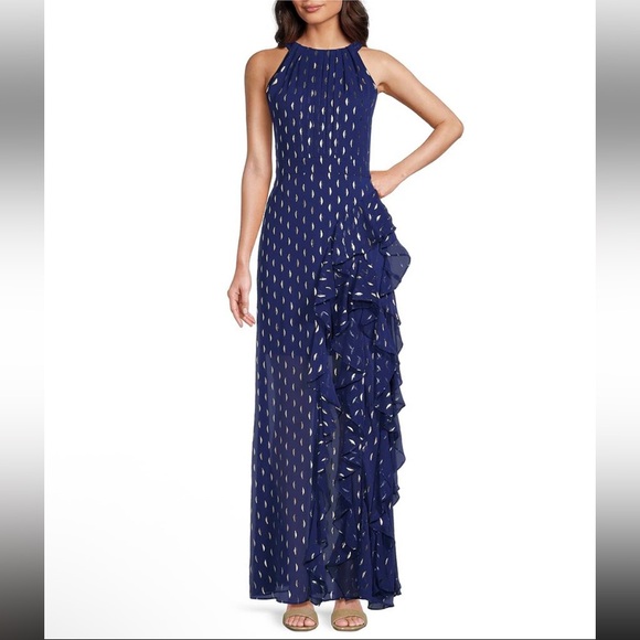 Betsy & Adam Dresses & Skirts - Betsy & Adam blue Metallic Ruffle Halter Gown